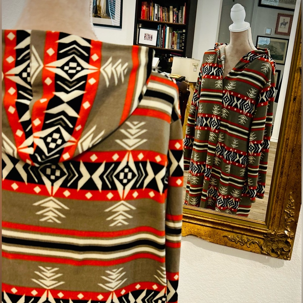 Aztec Southwestern Cowboy Rodeo Cardigan Kimono Hooded Tribal Duster size 2X - Picture 5 of 10
